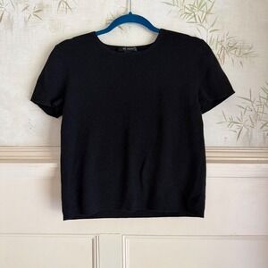 St. John Short Sleeve Wool Blend Sweater Scoop Knit Top Black L Quiet Luxury